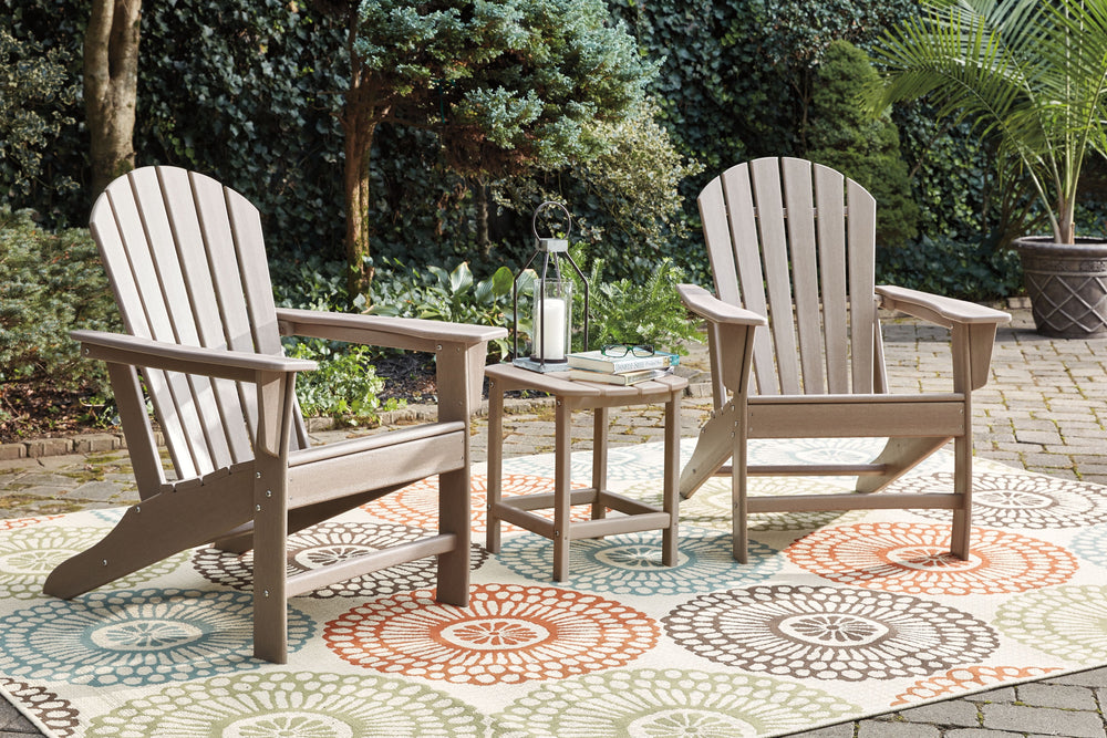 Ashley Express. Made with virgin high density poly-ethylene material. All with textured grain driftwood finish. P014-827 includes cup holder feature. <h4><b>Sundown Treasure - Driftwood - Adirondack Chair</b></h4> <table width=-"100%-"><colgroup><col styl