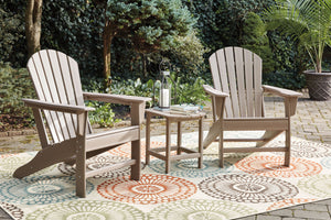 Ashley Express. Made with virgin high density poly-ethylene material. All with textured grain driftwood finish. P014-827 includes cup holder feature. <h4><b>Sundown Treasure - Driftwood - Adirondack Chair</b></h4> <table width=-"100%-"><colgroup><col styl