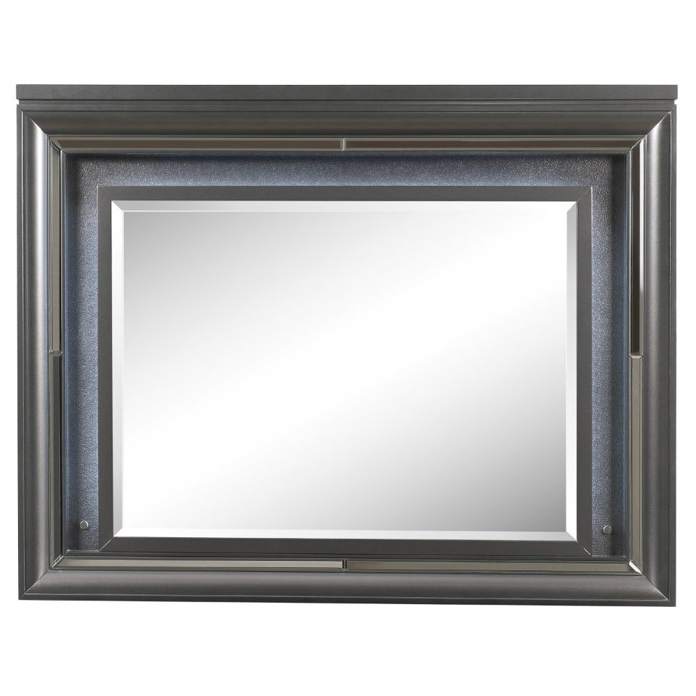 Mirror w/Beveled Edge LED Lighting Shape: Rectangular Orientation: Horizontal (Landscape) Wooden Frame: Raised/Recessed Molding, Sparkling Trim, Embossed Textured Fronts Drawers Mirror 4mm Thick<br/><br/><b>Product Features</b><ul><li>Case: 1Pc/1Ctn</li><