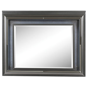 Mirror w/Beveled Edge LED Lighting Shape: Rectangular Orientation: Horizontal (Landscape) Wooden Frame: Raised/Recessed Molding, Sparkling Trim, Embossed Textured Fronts Drawers Mirror 4mm Thick<br/><br/><b>Product Features</b><ul><li>Case: 1Pc/1Ctn</li><