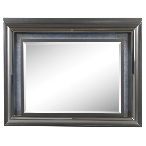 Mirror w/Beveled Edge LED Lighting Shape: Rectangular Orientation: Horizontal (Landscape) Wooden Frame: Raised/Recessed Molding, Sparkling Trim, Embossed Textured Fronts Drawers Mirror 4mm Thick<br/><br/><b>Product Features</b><ul><li>Case: 1Pc/1Ctn</li><