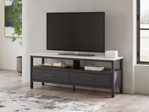  its replicated marble top beautifully contrasts a matte black finish. Ambient lighting and drawers for media storage make it a chic and convenie