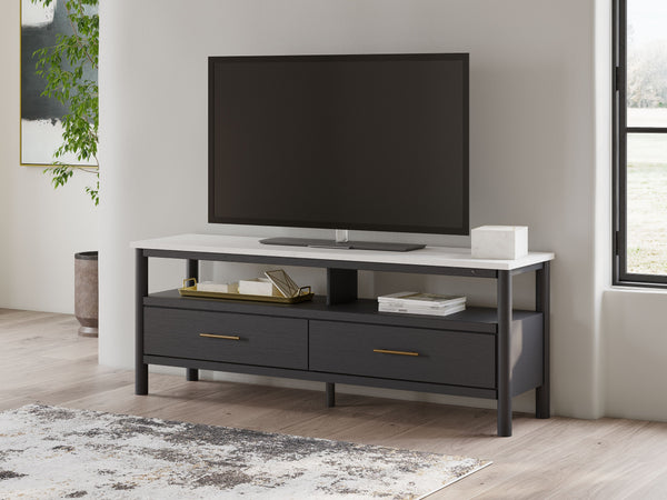  its replicated marble top beautifully contrasts a matte black finish. Ambient lighting and drawers for media storage make it a chic and convenie