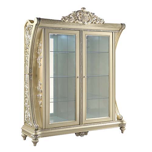 Vatican - Curio - Beige - 78-"<br/><br/><b>Product Features</b><ul><li>Fixed Table Top</li><li>Leg Table</li><li>Sculpture Floral & Upholstery Chair</li><li>Button Tufted</li><li>Curio w/4 Tier Shelf</li><li>Case: 1Set/4Ctn</li><li>Finish: Champagne Silve