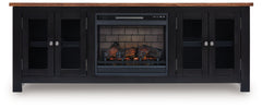 Raise the bar on modern farmhouse style with this TV stand with electric fireplace. Its sturdy silhouette and casual good looks are accentuated with a two-tone finish, which pairs a warm satin black base with a contrasting butcher block veneer top. Glass 