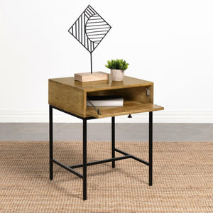  inviting touch to any space. The drop-front door reveals a slim shelf for storing essentials