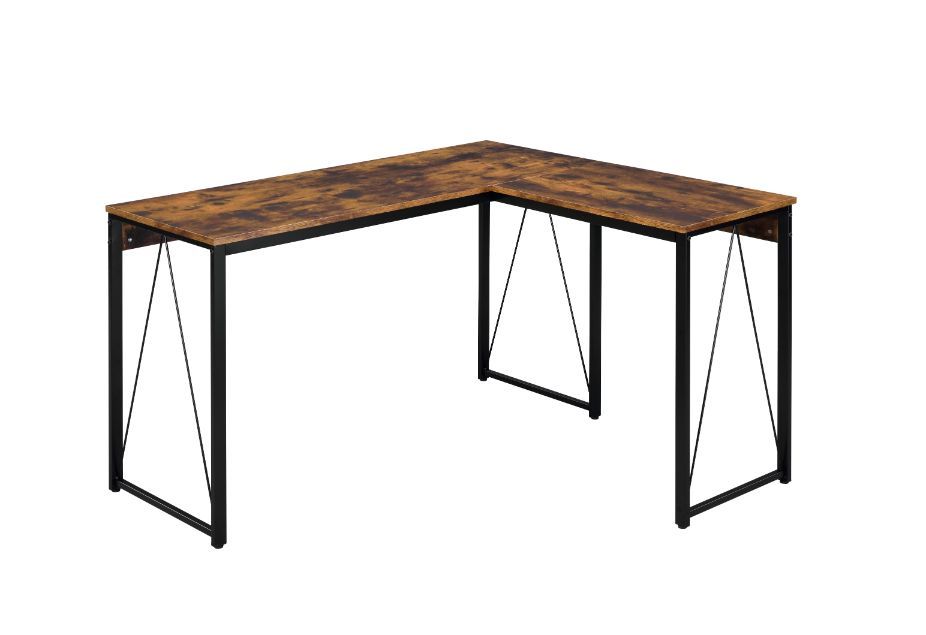 Add a mixed elelments appeal to your office with this rustic industrial design. The Zetri Desk boasts a L-shaped top with a open sled base for a spacious workspace. The black metal frame keeps silhouettes neat,with reverse -"V-" shaped support for extra s