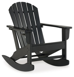 Add cottage-quaint charm to your outdoor oasis with this rocking chair in black. Made of MEGA-TUFFÂ® high-density polyethylene material, itâ€™s sure to weather the seasons beautifully. Designed to shed rainwater, the chairâ€™s slatted styling and classic 