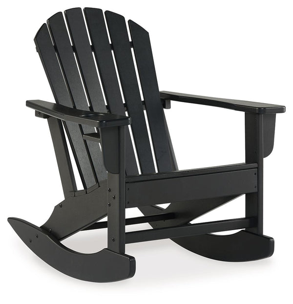 Add cottage-quaint charm to your outdoor oasis with this rocking chair in black. Made of MEGA-TUFFÂ® high-density polyethylene material, itâ€™s sure to weather the seasons beautifully. Designed to shed rainwater, the chairâ€™s slatted styling and classic 