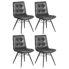 Blending mid-century modern aesthetics with everyday comfort, this dining side chair is a stylish addition to any dining space. Upholstered in charcoal faux leather, its gently curved tufted seat and backrest offer a supportive and inviting feel. Angled m