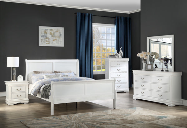 Elevate your sanctuary with this timeless bedroom collection that exudes classic charm with a modern twist. Each piece is bathed in a crisp, white finish that brings a bright and airy feel to any space. The elegant bed anchors the room with its gracefully