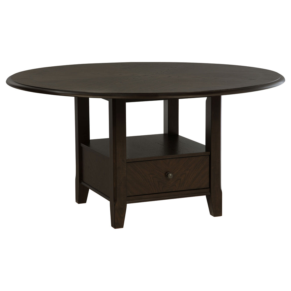 Create a stylish and functional dining area with this transitional round dining table. Featuring a spacious 60-inch tabletop in a rich, dark cocoa finish, this table makes a striking centerpiece for any dining room. The pedestal base includes two drawers 