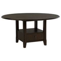Create a stylish and functional dining area with this transitional round dining table. Featuring a spacious 60-inch tabletop in a rich, dark cocoa finish, this table makes a striking centerpiece for any dining room. The pedestal base includes two drawers 