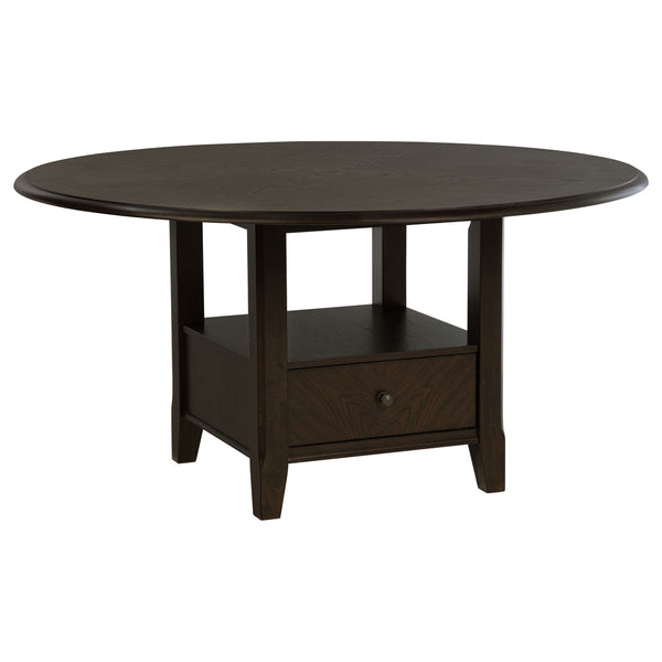 Create a stylish and functional dining area with this transitional round dining table. Featuring a spacious 60-inch tabletop in a rich, dark cocoa finish, this table makes a striking centerpiece for any dining room. The pedestal base includes two drawers 