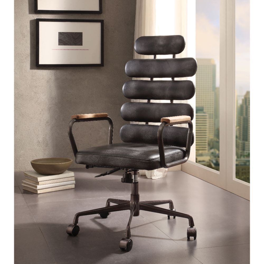 KD, Executive Arm Office Chair (High Back) â€¢ Seat: Swivel (360 Degrees), Adjustable Height (Pneumatic Lift) â€¢ Padded Back & Seat: Top Grain Leather Cushion, Backrest: 5 Horizontal Panels â€¢ 5-Star Base w/Casters: Metal Base â€¢ Armrest: Wood with Met