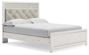  a pearlized finish and button-tufted upholstery bring a glam touch to the richly rustic appearance. Remote-contr