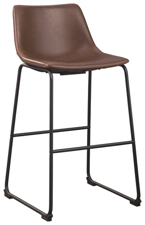 With its distinctive contoured bucket seat and tubular metal base, this bar stool serves up a fresh twist on mid-century inspired style. Faux leather upholstery has a charming medium brown tone. What a timeless look for eat-in kitchens and casually cool d