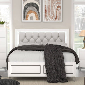 The Casilda bedroom collection will help you create the perfect retreat. In a white finish to easily style and works with various color schemes. Tying each piece together are the metal legs. The bed boasts a PU padded headboard with button tufting in a gr