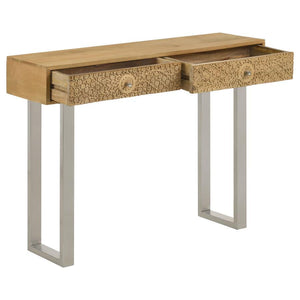  the natural-finish tabletop highlights the organic beauty of the wood grain. Two hand-carved
