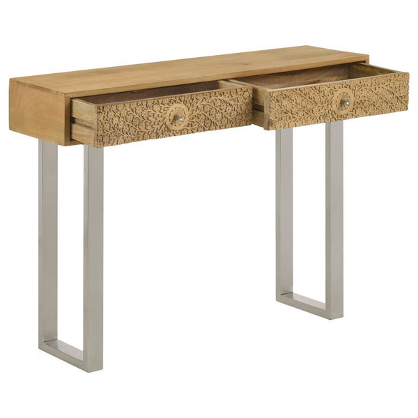  the natural-finish tabletop highlights the organic beauty of the wood grain. Two hand-carved