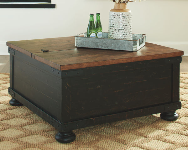  this two-tone square coffee table doubles up on form and function. Clever split style design pairs a spring lift top with hinged lid revealing a handy storage compartment. Designer touches incl