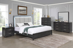 Experience the epitome of sophistication with the Odessa 5-Piece Bedroom Set. This comprehensive ensemble includes a beautifully illuminated bed, a six-drawer dresser, a mirror, a two-drawer nightstand, and a five-drawer chest, all in a captivating charco