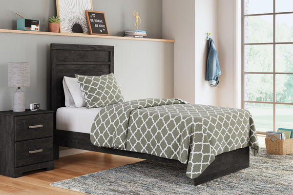  this twin panel bed is a fresh style awakening. A warm charcoal hue over replicated oak grain easily complements other furniture finishes. The simple