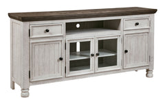 Have your fill of modern farmhouse style with this TV stand. Its distressed two-tone finish pairs a vintage white with a weathered gray for a look thatâ€™s utterly charming. Right and left cabinets open to reveal adjustable shelving for all your entertain