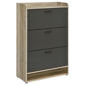 Elevate the organization of your entryway with our dual-tone shoe cabinet, a harmonious blend of practicality and contemporary design. This chic cabinet, crafted from robust engineered wood with a realistic wood-look laminate, offers three tiers of shelvi