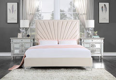 The decadent Faiz beige velvet upholstery looks like it came right out of a home magazine. This prestige bed awaits you with this unique sunburst channel-tufted headboard design to create an eye-catching focal piece in your bedroom. Metal feet provide the