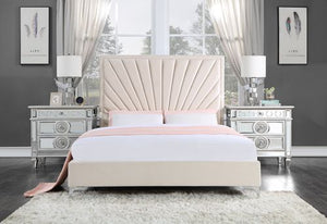 The decadent Faiz beige velvet upholstery looks like it came right out of a home magazine. This prestige bed awaits you with this unique sunburst channel-tufted headboard design to create an eye-catching focal piece in your bedroom. Metal feet provide the
