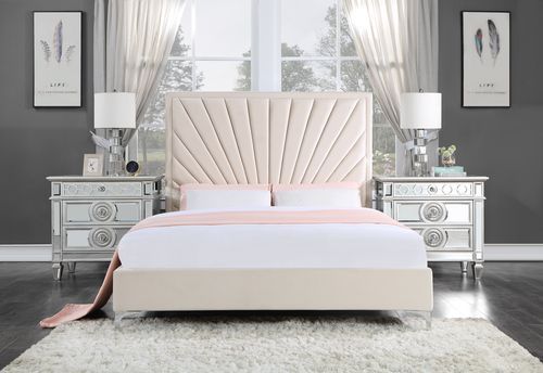 The decadent Faiz beige velvet upholstery looks like it came right out of a home magazine. This prestige bed awaits you with this unique sunburst channel-tufted headboard design to create an eye-catching focal piece in your bedroom. Metal feet provide the