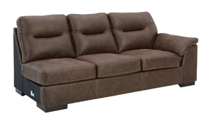 This right-arm facing sofa is made with faux leather upholstery. Pairs with other items in the series to make a sectional.<br><br><b>Additional Dimensions</b><br><ul><li>Arm height: 25-"</li><li>Seat depth: 22-"</li><li>Seat height: 19-"</li><li>Top of cu