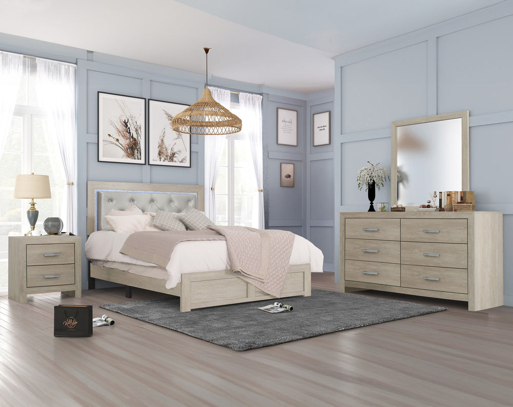 This bedroom collection exudes contemporary charm with its elegant and minimalist design. Each piece is crafted with a woodgrain finish, bringing a warm and inviting ambiance to any modern living space. The sleek lines and sparkling metal handles of the s