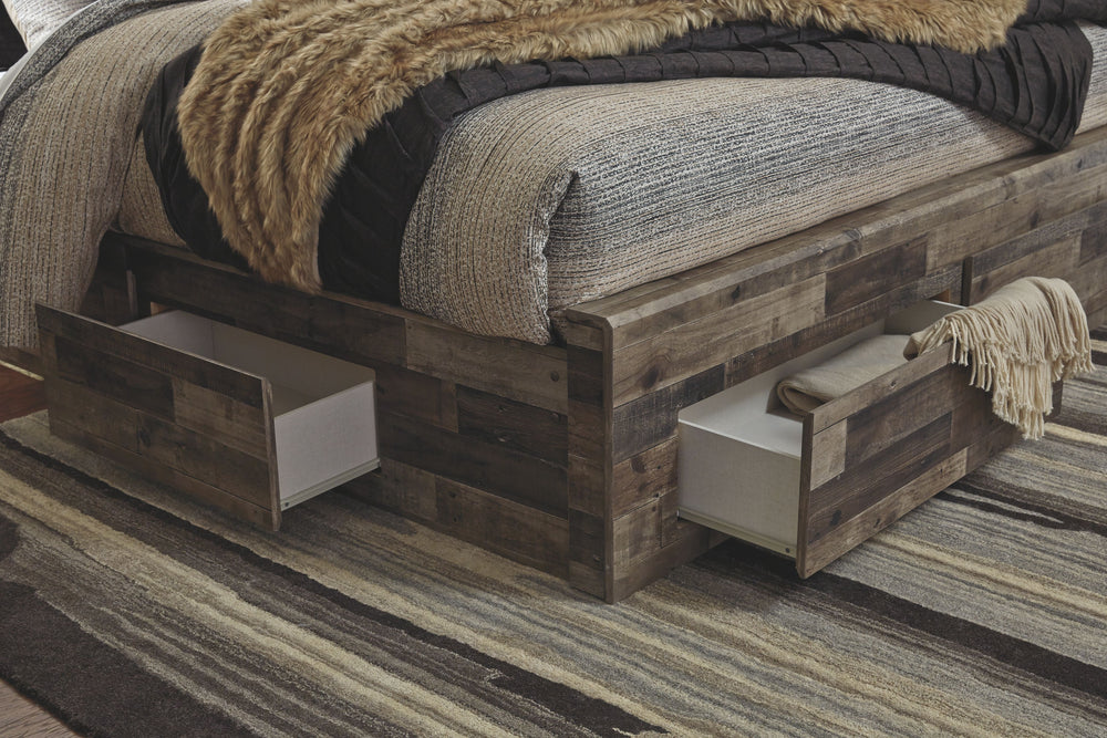 Modern yet hefty. This queen panel bed with storage makes an urban eclectic statement. Seasoned raw wood look merges with the clean lined design we love today. Muted rustic finish over replicated pine grain maintains its authenticity for a beauteous look.