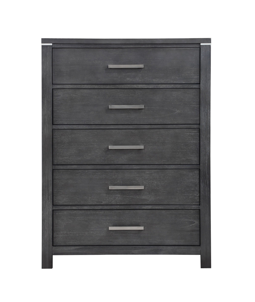 The Odessa Bedroom Collection embodies modern sophistication and luxurious comfort. Crafted with high-quality pine solids and Mindy Veneers, this collection showcases the perfect blend of durability and beauty. The charcoal gray finish with white hangup a