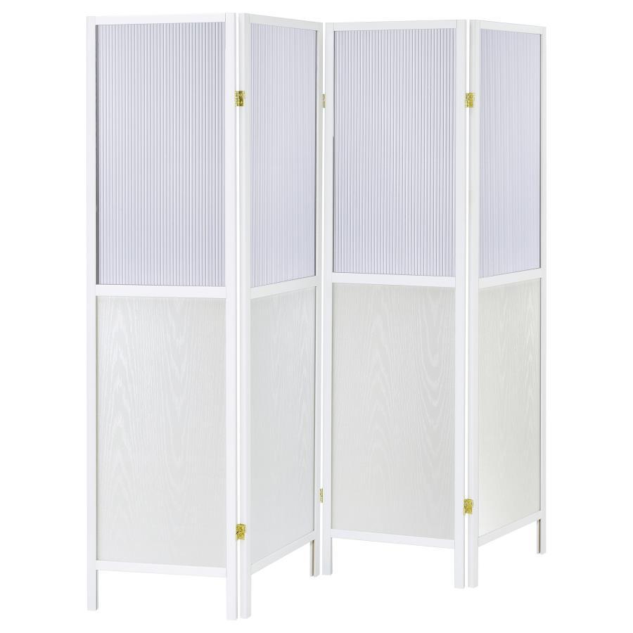 Create the perfect sense of division in your open living space with a transitional four-panel room divider. The freestanding piece offers four tall panels, each divided with a semi-opaque top section that allows light to pass through. The panels are ideal