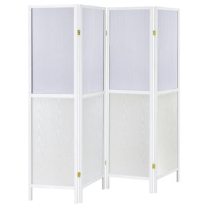 Create the perfect sense of division in your open living space with a transitional four-panel room divider. The freestanding piece offers four tall panels, each divided with a semi-opaque top section that allows light to pass through. The panels are ideal