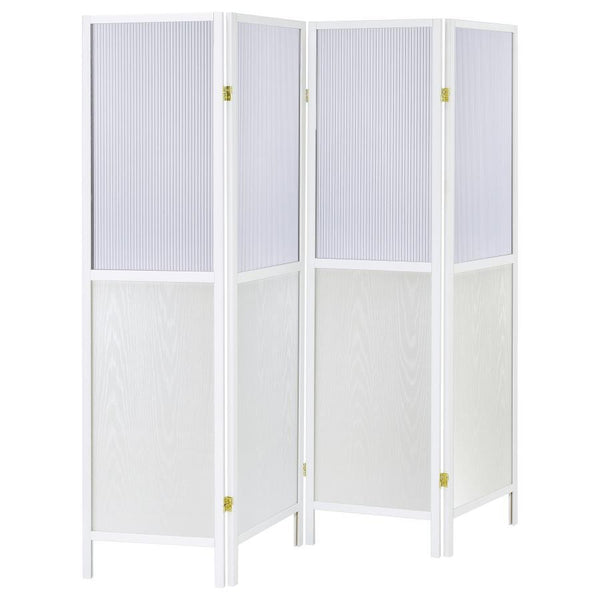 Create the perfect sense of division in your open living space with a transitional four-panel room divider. The freestanding piece offers four tall panels, each divided with a semi-opaque top section that allows light to pass through. The panels are ideal