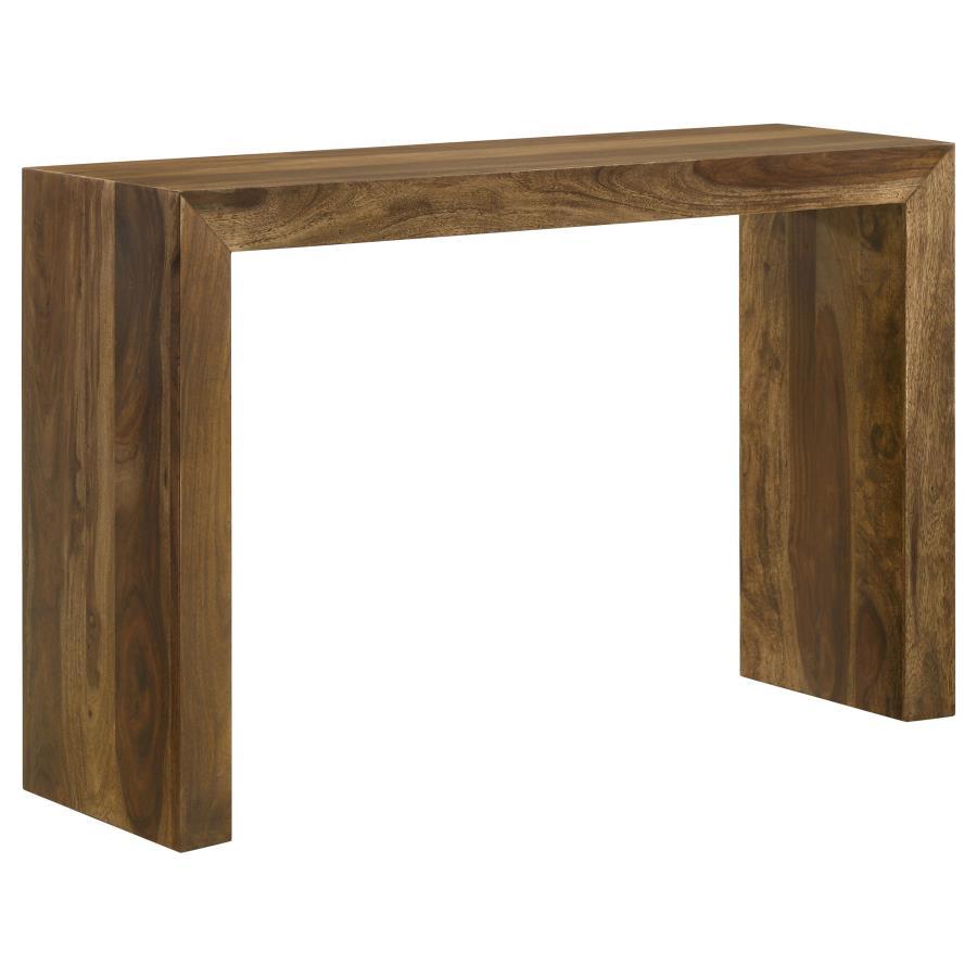 This rectangular console table features a modern U-shaped design with clean lines, combining simplicity with rustic charm. Made from sustainable solid sheesham wood, its auburn finish brings out the natural beauty of the wood grain. The mitered corners en