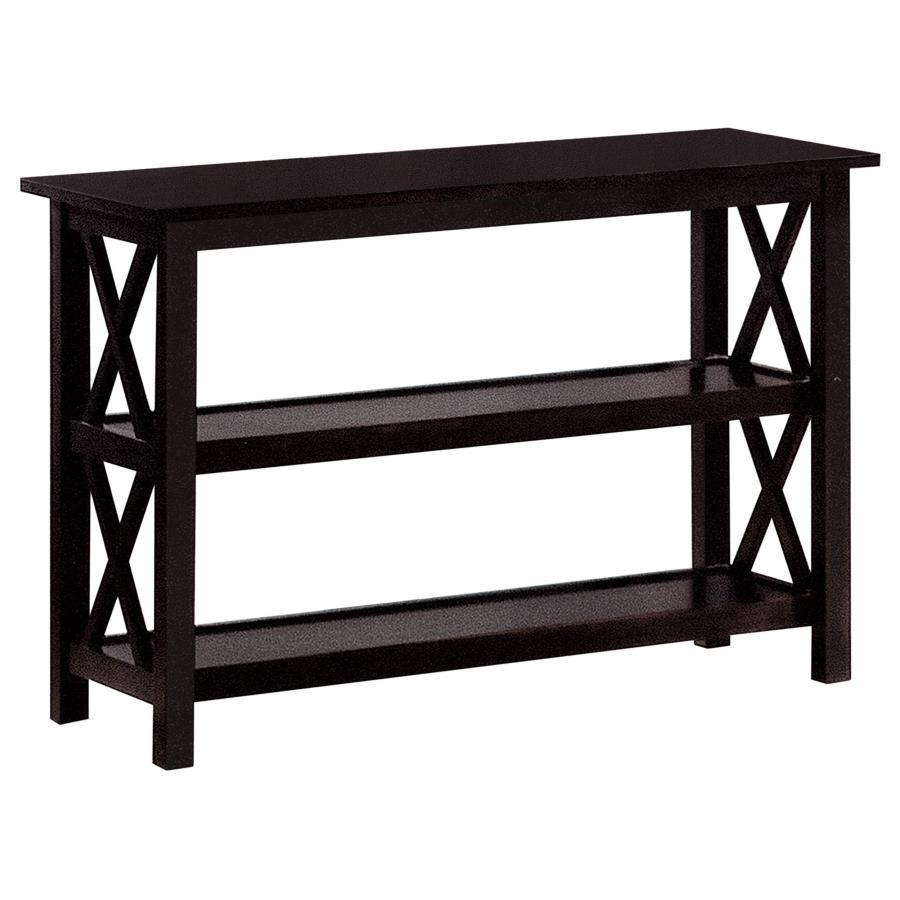 Bring an energizing look to a transitional space. With linear styling and geometric x-shapes on its side panels, this console table creates an eye-catching effect. Deep merlot offers a scrumptious, dramatic finish that blends well with surrounding furnish