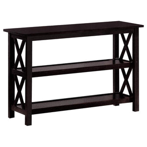 Bring an energizing look to a transitional space. With linear styling and geometric x-shapes on its side panels, this console table creates an eye-catching effect. Deep merlot offers a scrumptious, dramatic finish that blends well with surrounding furnish