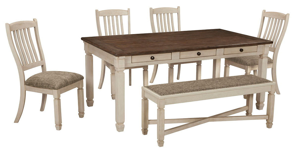 Unique two-tone finish with a combination of Oak and Acacia substrates combining a trendy textured antique white color with table and server tops finished in a textural weathered oak finish. Rectangular dining table features six convenient drawers for sto
