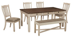 Unique two-tone finish with a combination of Oak and Acacia substrates combining a trendy textured antique white color with table and server tops finished in a textural weathered oak finish. Rectangular dining table features six convenient drawers for sto
