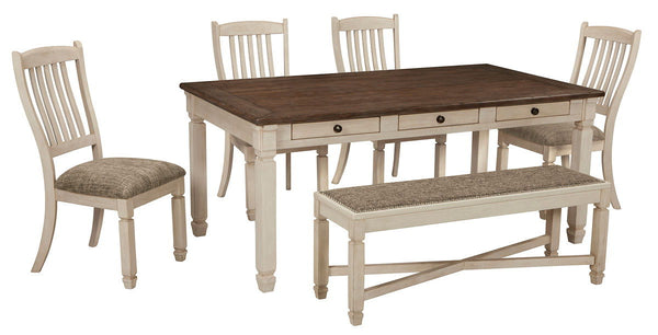 Unique two-tone finish with a combination of Oak and Acacia substrates combining a trendy textured antique white color with table and server tops finished in a textural weathered oak finish. Rectangular dining table features six convenient drawers for sto