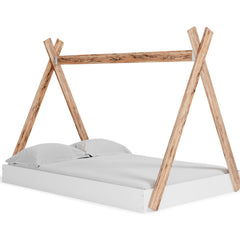 Adventure awaits with this full tent complete bed in a box. The effortless blend of contemporary and casual style features an expressive two-tone look in a solid matte white finish and a replicated sugarberry wood grain pattern. This complete bed in a box