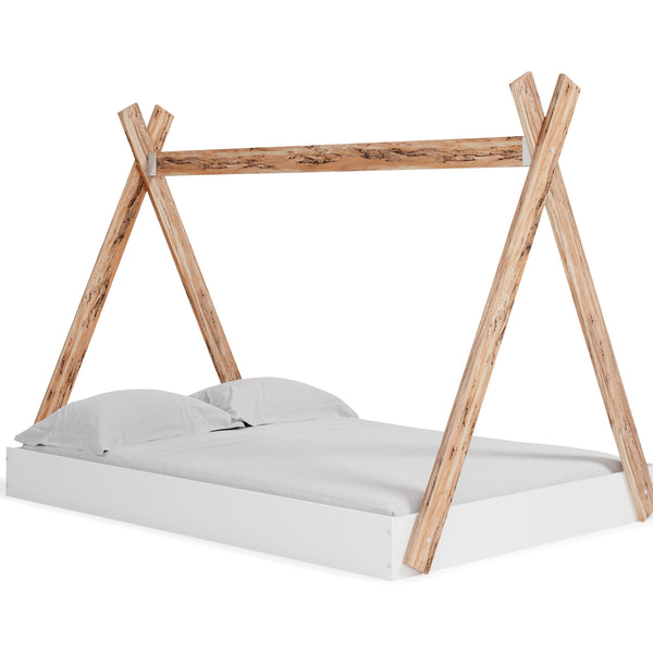 Adventure awaits with this full tent complete bed in a box. The effortless blend of contemporary and casual style features an expressive two-tone look in a solid matte white finish and a replicated sugarberry wood grain pattern. This complete bed in a box
