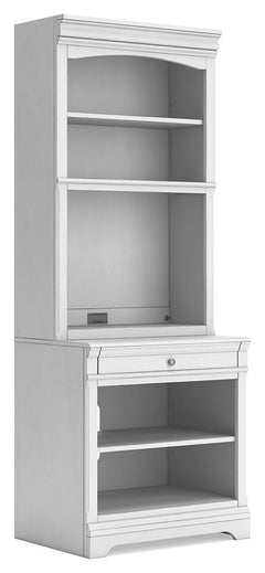 Make a style statement with this home office bookcase. Its traditional design is updated with an on-trend distressed whitewash finish. A hutch with LED underlighting shines a light on those elusive reading glasses and other desktop items. The bookshelf an