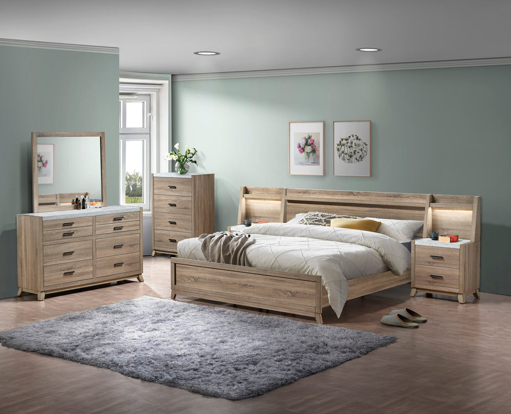 This bedroom collection brings a breath of fresh air to any interior with its light, natural wood finish that evokes a sense of calm and simplicity. The well-crafted bed frame, with its clean lines and subtle headboard design, provides a modern rustic cha