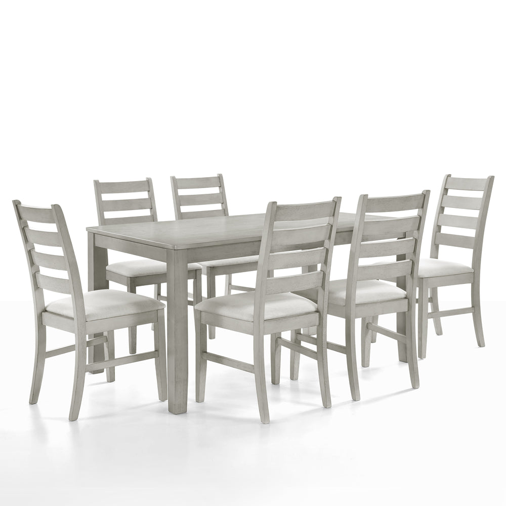 Experience the Pascal 7 Piece Dining Room Set in Driftwood Gray, a perfect blend of style and functionality. This set includes a 59-inch long rectangular wood dining table and six matching chairs, all crafted from a combination of solid Rubberwood and man